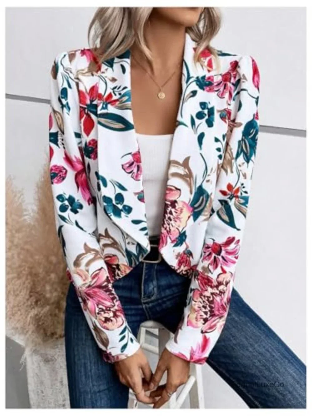 Floral Print Open Front Blazer Long Sleeve Shawl Collar Lightweight Jacket